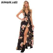 Load image into Gallery viewer, BONGOR LUSS Summer Maxi Dress Women Floral Print Dress V-Neck Sleeveless Spaghetti Strap Backless Side Split Sexy Long Dress