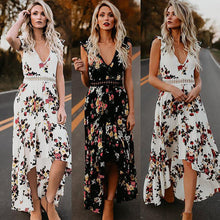 Load image into Gallery viewer, Sexy deep V neck backless summer dress Women floral print bohemian maxi dress Hollow out irregular long dress vestidos