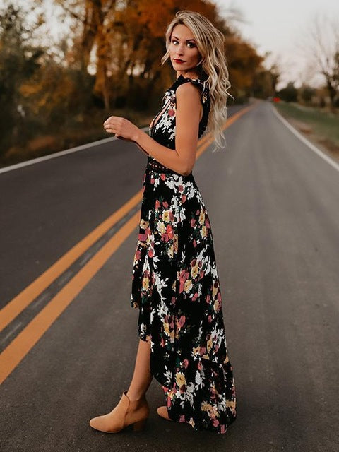 Bohemia floral v clearance neck backless maxi dress