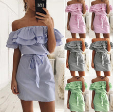 Load image into Gallery viewer, Off Shoulder Strapless Striped Ruffles Dress Women 2018 Summer Sundresses Beach Casual Shirt Short Mini Party Dresses Robe Femme