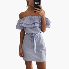 Load image into Gallery viewer, Off Shoulder Strapless Striped Ruffles Dress Women 2018 Summer Sundresses Beach Casual Shirt Short Mini Party Dresses Robe Femme