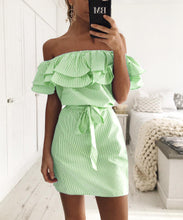 Load image into Gallery viewer, Off Shoulder Strapless Striped Ruffles Dress Women 2018 Summer Sundresses Beach Casual Shirt Short Mini Party Dresses Robe Femme